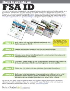 How to create an  FSA ID The FSA ID ― a username and password ― has replaced the Federal Student Aid PIN and must be used to log in to certain U.S. Department of Education websites. Your FSA ID confirms your identity