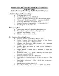 RULEMAKING PROCEDURES & ESTIMATED TIMELINE IURC RM #11-05 Indiana Voluntary Clean Energy Portfolio Standards Program I. Rule Development (Pre-rulemaking) A. Workshop – July 8, 2011.