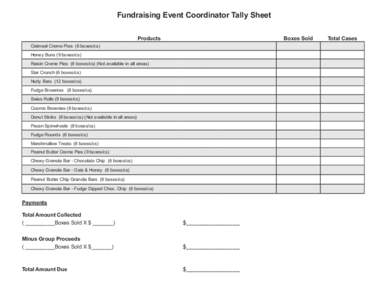 Fundraising Event Coordinator Tally Sheet Products Boxes Sold  Oatmeal Creme Pies (6 boxes/cs)