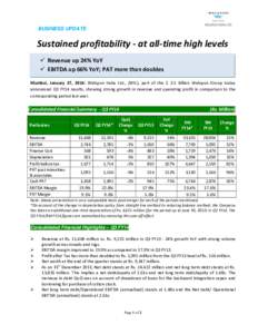 BUSINESS UPDATE  Sustained profitability - at all-time high levels  Revenue up 24% YoY  EBITDA up 66% YoY; PAT more than doubles Mumbai, January 27, 2014: Welspun India Ltd., (WIL), part of the $ 3.5 billion Welspu