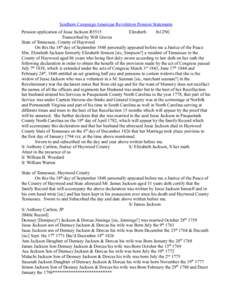 Southern Campaign American Revolution Pension Statements Pension application of Jesse Jackson R5515 Elizabeth fn12NC Transcribed by Will Graves State of Tennessee, County of Haywood