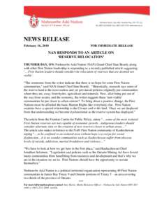 NEWS RELEASE February 16, 2010 FOR IMMEDIATE RELEASE  NAN RESPONDS TO AN ARTICLE ON