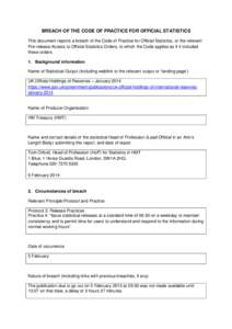 HMT - UK Official Holdings of Reserves Breach Report - January 2014