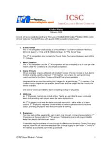 Cricket Rules  February 2013    Cricket will be conducted according to The Laws of Cricket[removed]Code 2nd Edition[removed]and/or Cricket Victoria’s Twenty20 Rules, with specific ICSC exceptions listed below.