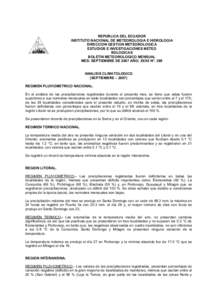 REPUBLICA DEL ECUADOR INSTITUTO NACIONAL DE METEOROLOGIA E HIDROLOGIA DIRECCION GESTION METEOROLOGICA ESTUDIOS E INVESTIGACIONES METEO ROLOGICAS BOLETIN METEOROLOGICO MENSUAL