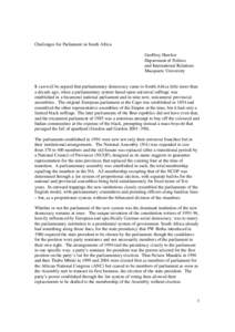 Challenges for Parliament in South Africa Geoffrey Hawker Department of Politics and International Relations Macquarie University