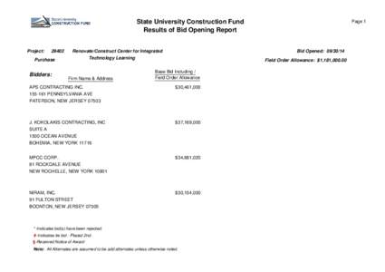 State University Construction Fund Results of Bid Opening Report Project:  29402