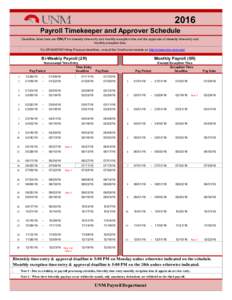 2016 Payroll Timekeeper and Approver Schedule Deadlines listed here are ONLY for biweekly time-entry and monthly exception time and the approvals of biweekly time-entry and monthly exception time. For EPAN/EPAF/Hiring Pr