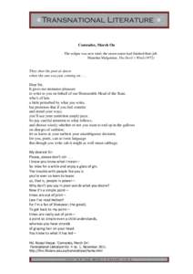 Comrades, March On The eclipse was now total; the moon eaters had finished their job. Manohar Malgonkar, The Devil’s Wind[removed]They shot the poet at dawn when the sun was just coming on . . .