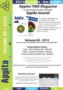 2015 Subscriptions - Now Available  Appita TIME Magazine TechnologytInnovationtManuafucturingtEnvironment  Appita