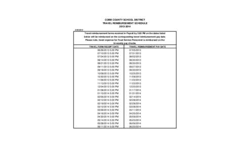 COBB COUNTY SCHOOL DISTRICT TRAVEL REIMBURSEMENT SCHEDULE[removed]2013  Travel reimbursement forms received in Payroll by 5:00 PM on the dates listed