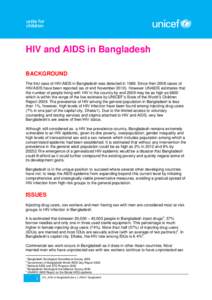 HIV and AIDS in Bangladesh BACKGROUND The first case of HIV/AIDS in Bangladesh was detected in[removed]Since then 2008 cases of HIV/AIDS have been reported (as of end November[removed]However UNAIDS estimates that the numbe