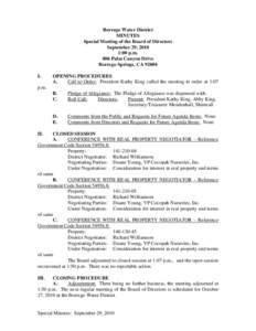 Borrego Water District MINUTES Special Meeting of the Board of Directors September 29, 2010 1:00 p.m. 806 Palm Canyon Drive