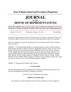 State of Rhode Island and Providence Plantations  JOURNAL -OF THE-  HOUSE OF REPRESENTATIVES