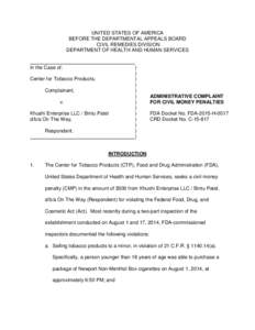 Administrative Complaint For Civil Money Penalties FDA Docket No. FDA-2015-H-0017 CRD Docket No. C