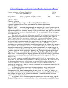 Southern Campaign American Revolution Pension Statements & Rosters Pension application of Thomas Elsey S8404 Transcribed by Fred Weyler Elsey Thomas  (Elsey by signature, Elzey by a witness)