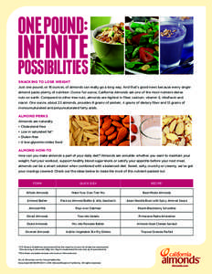 ONE POUND:  INFINITE POSSIBILITIES SNACKING TO LOSE WEIGHT Just one pound, or 16 ounces, of almonds can really go a long way. And that’s good news because every single