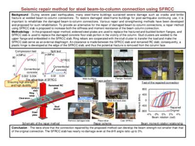 Seismic repair method for steel beam-to-column connection using SFRCC Background：During severe past earthquakes, many steel-frame buildings sustained severe damage such as cracks and brittle fracture at welded beam-to-