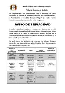 Poder Judicial del Estado de Tabasco Tribunal Superior de Justicia En cumplimiento a los Lineamientos para la Protección de Datos Personales en Posesión de los Sujetos Obligados del Estado de Tabasco, el Poder Judicial