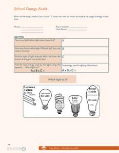 School Energy Audit What are the energy needs of your school? Choose one room (or more) and explore the usage of energy in that place. Names: _________________________		 	 _________________________