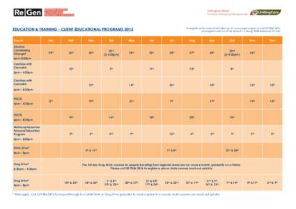 EDUCATION & TRAINING - CLIENT EDUCATIONAL PROGRAMS[removed]To register or for more information go to www.regen.org.au or call[removed]All programs are run at 26 Jessie St, Coburg[removed]Melways: 29 G4).  Course