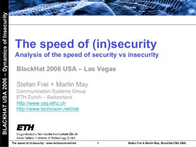 BLACKHAT USA 2006 – Dynamics of Insecurity  The speed of (in)security Analysis of the speed of security vs insecurity BlackHat 2006 USA – Las Vegas Stefan Frei + Martin May