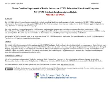V4 – Last updated AugustMiddle School North Carolina Department of Public Instruction STEM Education Schools and Programs NC STEM Attribute Implementation Rubric