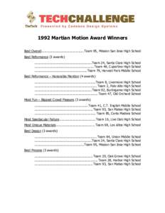 1992 Martian Motion Award Winners Best Overall........................................... Team 95, Mission San Jose High School Best Peformance (3 awards) ..........................................................Team 24
