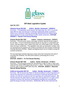 GPI State Legislative Update April 26, 2013 Alabama House Bill 468 Author: Boothe, Introduced – [removed]Summary: This legislation would require that beginning July, 2014, no person shall offer for sale, manufacture o