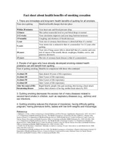 Fact sheet about health benefits of smoking cessation 1. There are immediate and long-term health benefits of quitting for all smokers. Time since quitting Beneficial health changes that take place