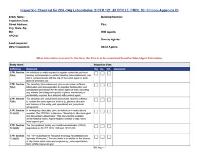 Inspection Checklist for BSL-3Ag Laboratories (9 CFR 121; 42 CFR 73; BMBL 5th Edition- Appendix D)