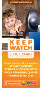 www.KeepWatch.com.au  Prevent drowning of 3 to 5 year olds: Actively Supervise Restrict Access to Water