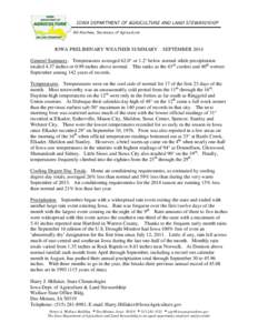 IOWA PRELIMINARY WEATHER SUMMARY – SEPTEMBER 2014 General Summary. Temperatures averaged 62.0° or 1.2° below normal while precipitation totaled 4.37 inches or 0.99 inches above normal. This ranks as the 43rd coolest 