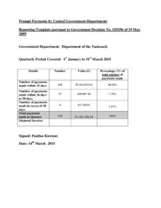 Prompt Payments by Central Government Departments Reporting Template pursuant to Government Decision No. S29296 of 19 May 2009 Government Department: Department of the Taoiseach Quarterly Period Covered: 1st January to 3