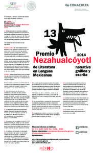 El Conaculta, a través de la Dirección General de Culturas Populares, convoca al: 13 Premio Nezahualcóyotl de Literatura en Lenguas Mexicanas