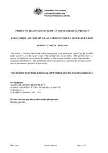 PERMIT TO ALLOW MINOR USE OF AN AGVET CHEMICAL PRODUCT  FOR CONTROL OF CERTAIN GRASS WEEDS IN VARIOUS VEGETABLE CROPS PERMIT NUMBER - PER11946