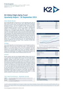 K2 Global High Alpha Fund Quarterly Report - 30 September 2015 Global Market Review The K2 Global High Alpha Fund returned 2.67% for the September quarter while the MSCI AC World TR Net AUD Index returned -0.90%. Global 