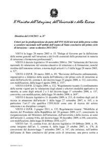 Il Ministro dell’Istruzione, dell’Università e della Ricerca Direttiva deln. 87 Criteri per la predisposizione da parte dell’INVALSI dei testi della prova scritta a carattere nazionale nell’ambito del