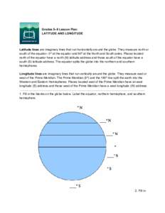 Grades 5–8 Lesson Plan: LATITUDE AND LONGITUDE  Latitude lines are imaginary lines that run horizontally around the globe. They measure north or  south of the equator– 0º at the equator 