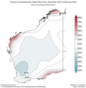 Chance of exceeding the median Max Temp: December 2013 to February 2014 Product of the National Climate Centre 50%  40%