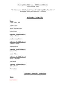Municipal Candidate List – 2014 General Election November 4, 2014 This list is made available by Larry Crane, Circuit/County Clerk. For additional information, please contact the office at[removed]Alexander Candidat