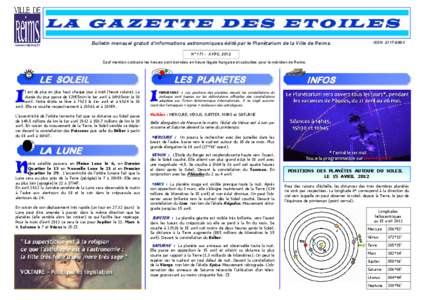 L A G A Z E T T E D E S E T O IL E S www.reims.fr Bulletin mensuel gratuit d’informations astronomiques édité par le Planétarium de la Ville de Reims.  ISSN 2117-699X