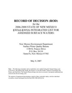 Record of Decision - New Mexico CWA 303(d)-305(b) Integrated List of Assessed Surface Waters