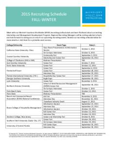 2015 Recruiting Schedule FALL-WINTER Meet with our Marriott Vacations Worldwide (MVW) recruiting professionals and learn firsthand about our exciting Internships and Management Development Program. Regional Recruiting Ma