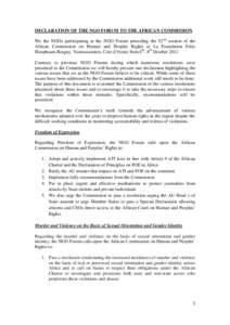 DECLARATION OF THE NGO FORUM TO THE AFRICAN COMMISSION We the NGOs participating at the NGO Forum preceding the 52nd session of the African Commission on Human and Peoples Rights at La Foundation Felix Houphouet-Boigny, 