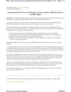 NDP | Layton and Lewis issue challenge to Conservatives: Time to deliver on HI... Page 1 of 1  Published on NDP (http://www.ndp.ca) Created[removed]:46  Layton and Lewis issue challenge to Conservatives: Time to del