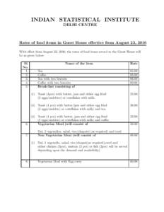 INDIAN STATISTICAL INSTITUTE DELHI CENTRE Rates of food items in Guest House effective from August 23, 2010 With effect from August 23, 2010, the rates of food items served in the Guest House will be as given below: