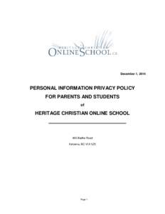 December 1, 2014  PERSONAL INFORMATION PRIVACY POLICY FOR PARENTS AND STUDENTS of