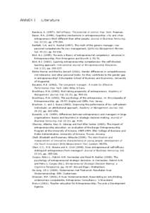 ANNEX I  Literature Bandura, A[removed]), Self-efficacy: The exercise of control, New York: Freeman. Baron, R.A[removed]), Cognitive mechanisms in entrepreneurship: why and when