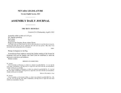 NEVADA LEGISLATURE Seventy-Eighth Session, 2015 ASSEMBLY DAILY JOURNAL THE SIXTY-SIXTH DAY CARSON CITY (Wednesday), April 8, 2015